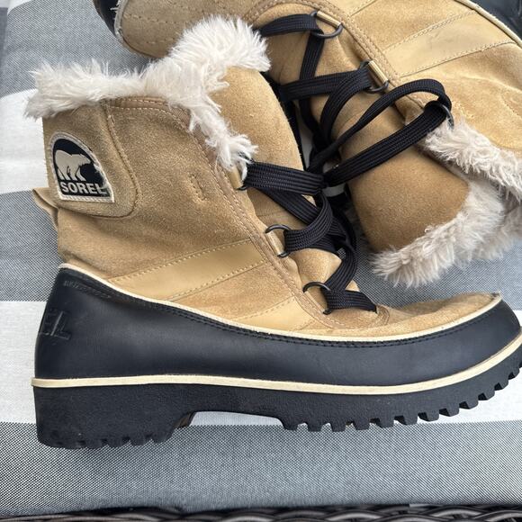 SOREL Tivoli II Black Tan Suede Faux Fur Lined Boots Women's 10 US 8 UK Snow - Picture 2 of 14